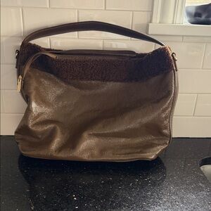 Classic Brown Shoulder Bag with Shearling Trim